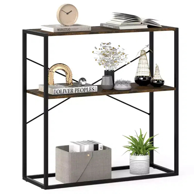Costway 36 Console Table with Wooden Textured Open Shelves & Metal Frame for Hallway White/Brown