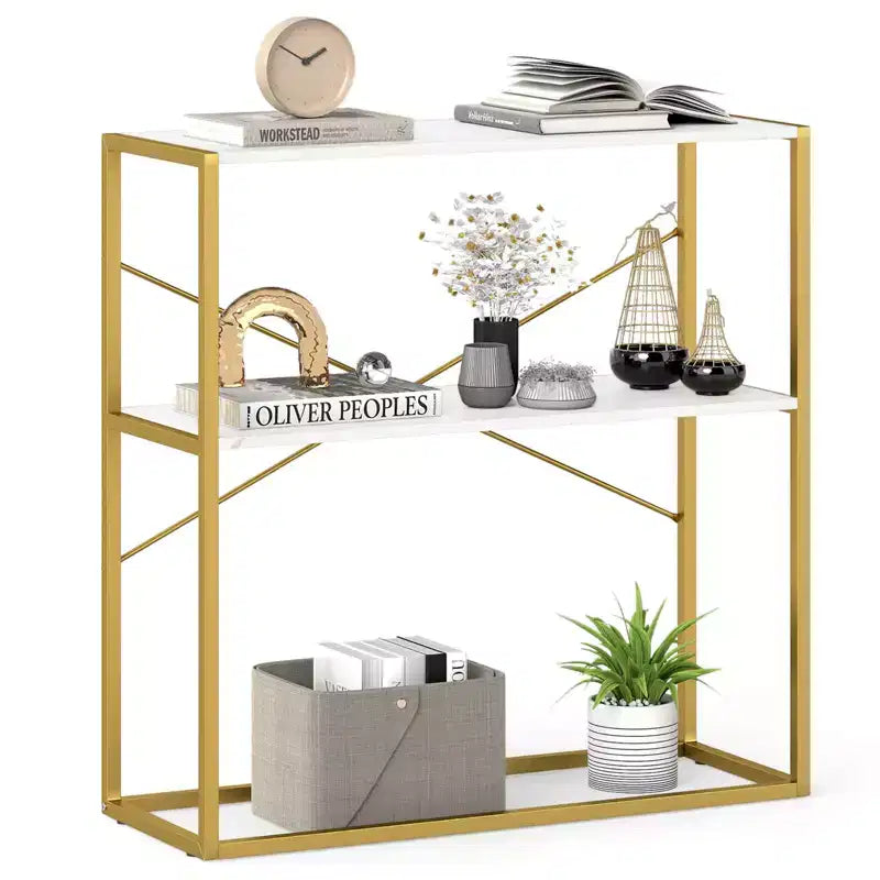 Costway Table Console 36" avec Étagères Ouvertes Texturées en Bois et Cadre Métallique pour Couloir Blanc/Brun