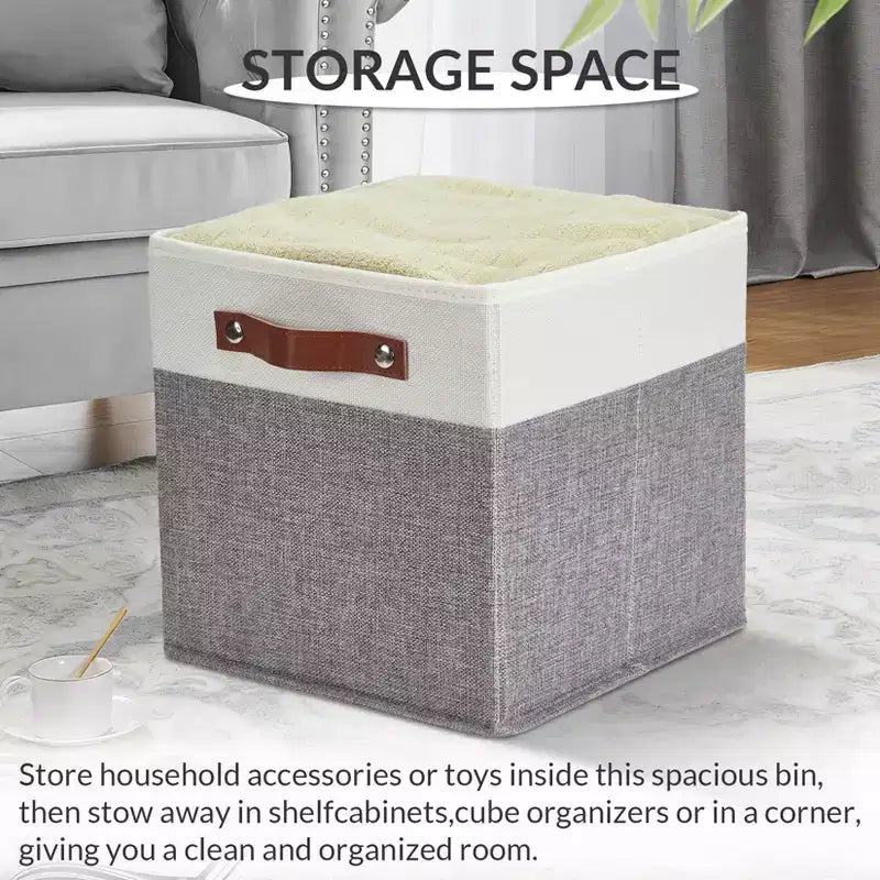 Lot de 6 bacs de rangement 33 x 33 cm, paniers pliables en tissu de lin avec poignées en cuir, organisateur d'étagère pliable pour casiers de placard