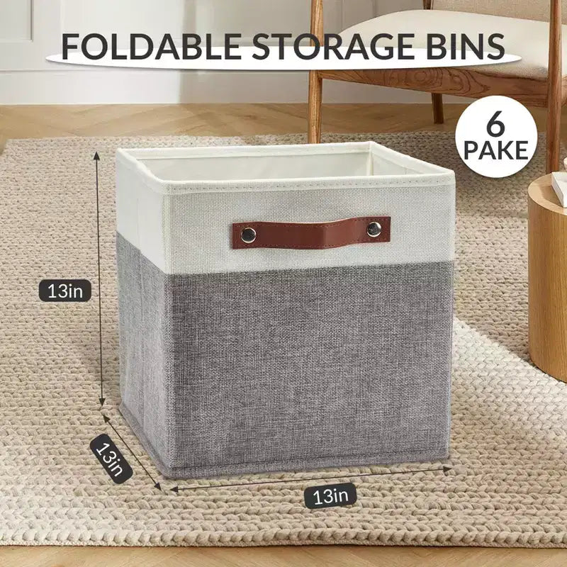 Lot de 6 bacs de rangement 33 x 33 cm, paniers pliables en tissu de lin avec poignées en cuir, organisateur d'étagère pliable pour casiers de placard
