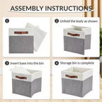 Lot de 6 bacs de rangement 33 x 33 cm, paniers pliables en tissu de lin avec poignées en cuir, organisateur d'étagère pliable pour casiers de placard