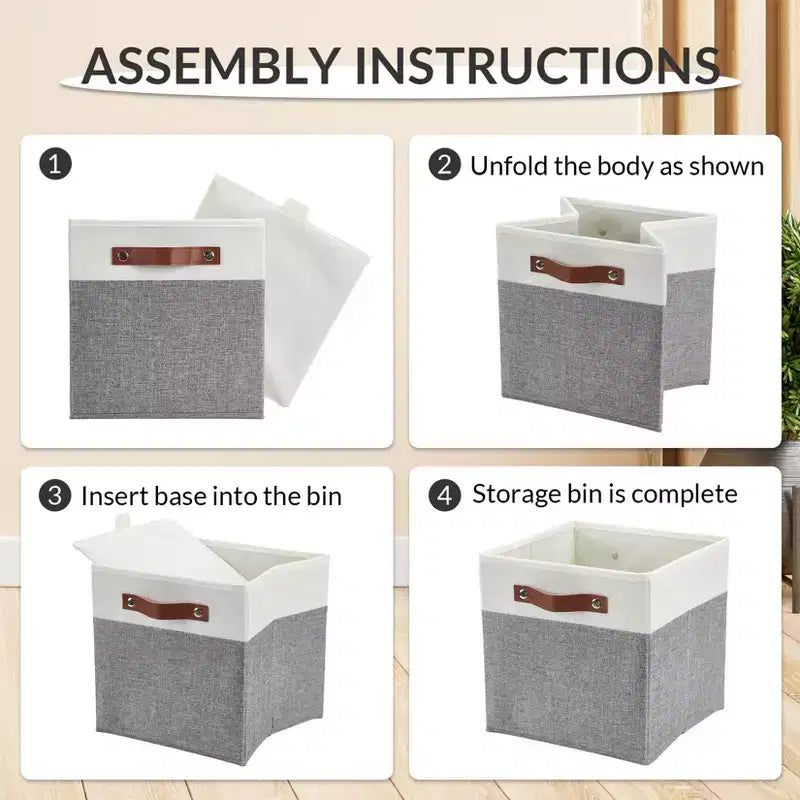 Lot de 6 bacs de rangement 33 x 33 cm, paniers pliables en tissu de lin avec poignées en cuir, organisateur d'étagère pliable pour casiers de placard