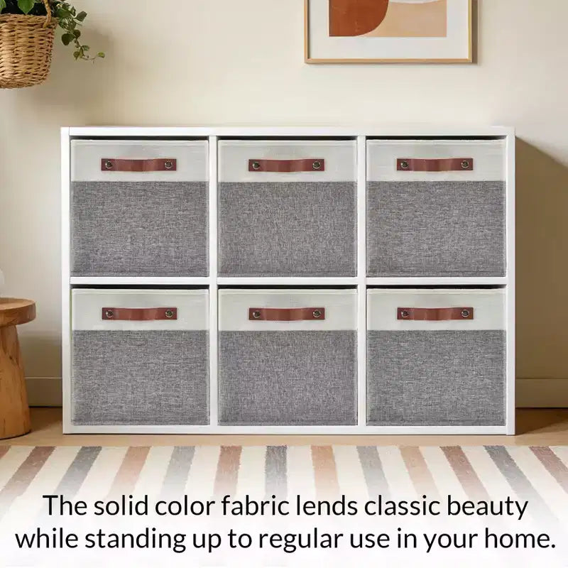 Lot de 6 bacs de rangement 33 x 33 cm, paniers pliables en tissu de lin avec poignées en cuir, organisateur d'étagère pliable pour casiers de placard
