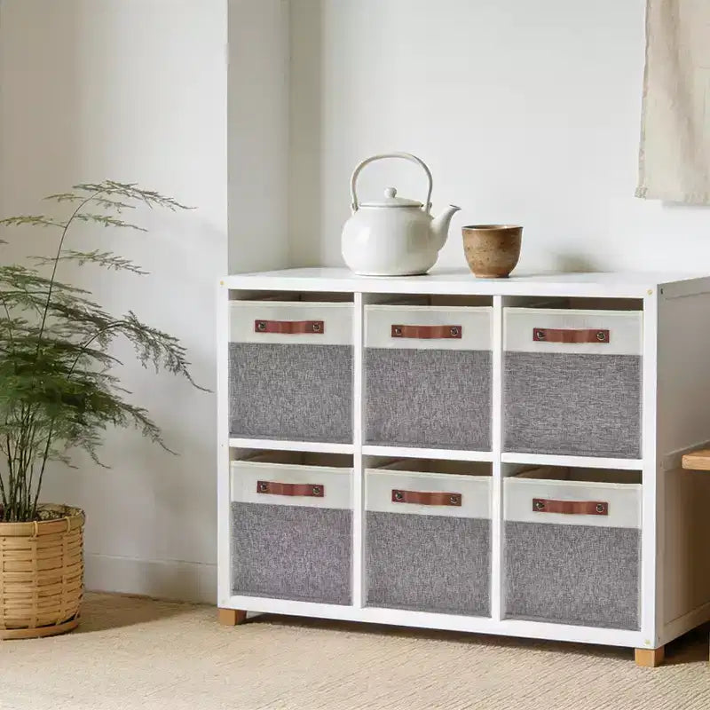 Lot de 6 bacs de rangement 33 x 33 cm, paniers pliables en tissu de lin avec poignées en cuir, organisateur d'étagère pliable pour casiers de placard