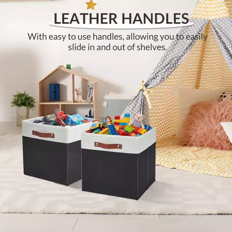 Lot de 6 bacs de rangement 33 x 33 cm, paniers pliables en tissu de lin avec poignées en cuir, organisateur d'étagère pliable pour casiers de placard
