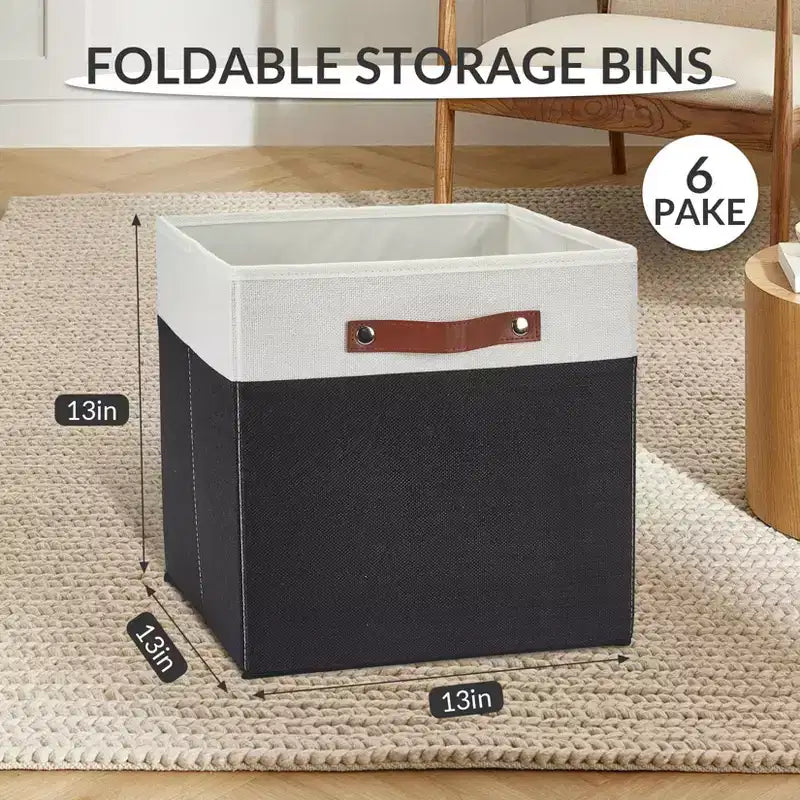 Lot de 6 bacs de rangement 33 x 33 cm, paniers pliables en tissu de lin avec poignées en cuir, organisateur d'étagère pliable pour casiers de placard
