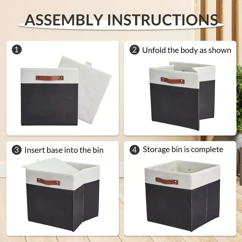 Lot de 6 bacs de rangement 33 x 33 cm, paniers pliables en tissu de lin avec poignées en cuir, organisateur d'étagère pliable pour casiers de placard