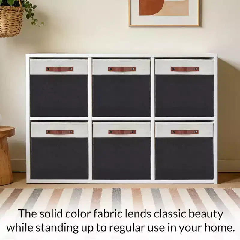 Lot de 6 bacs de rangement 33 x 33 cm, paniers pliables en tissu de lin avec poignées en cuir, organisateur d'étagère pliable pour casiers de placard