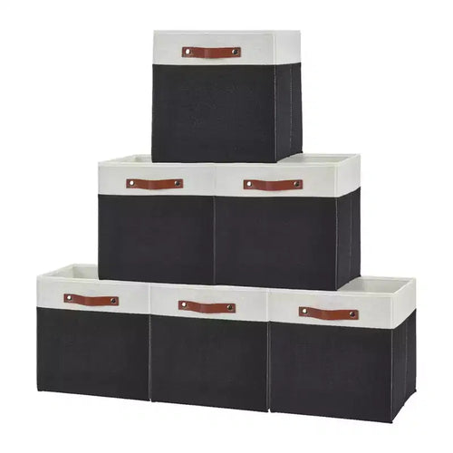 13x13 Storage Cube Bins Set of 6, Foldable Linen Fabric Baskets with Leather Handles, Collapsible Shelf Organizer for Closet Cubby Shelves