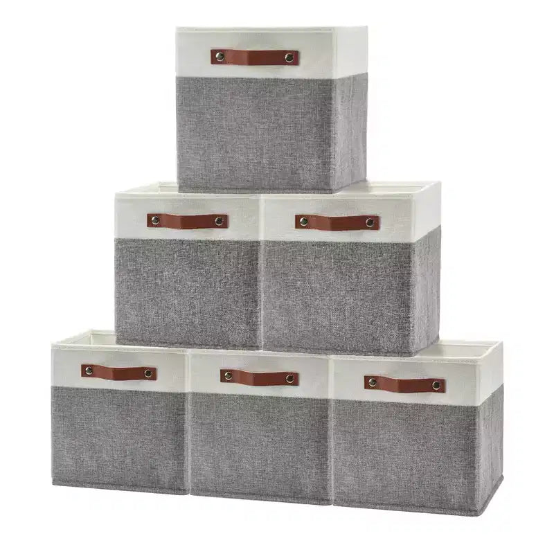 Lot de 6 bacs de rangement 33 x 33 cm, paniers pliables en tissu de lin avec poignées en cuir, organisateur d'étagère pliable pour casiers de placard