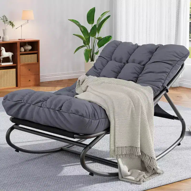 2 fauteuils à bascule, chaises longues d'extérieur avec coussin épais imperméable, fauteuil à bascule de patio en métal robuste de 136 kg pour jardin, porche, chambre d'enfant, gris