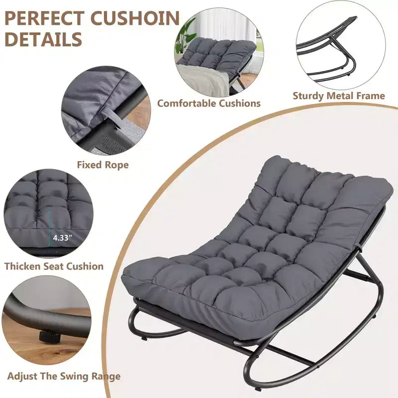2 fauteuils à bascule, chaises longues d'extérieur avec coussin épais imperméable, fauteuil à bascule de patio en métal robuste de 136 kg pour jardin, porche, chambre d'enfant, gris