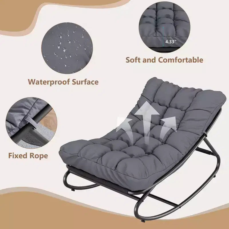 2 fauteuils à bascule, chaises longues d'extérieur avec coussin épais imperméable, fauteuil à bascule de patio en métal robuste de 136 kg pour jardin, porche, chambre d'enfant, gris