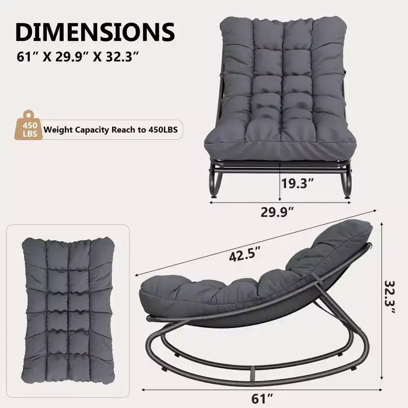 2 fauteuils à bascule, chaises longues d'extérieur avec coussin épais imperméable, fauteuil à bascule de patio en métal robuste de 136 kg pour jardin, porche, chambre d'enfant, gris
