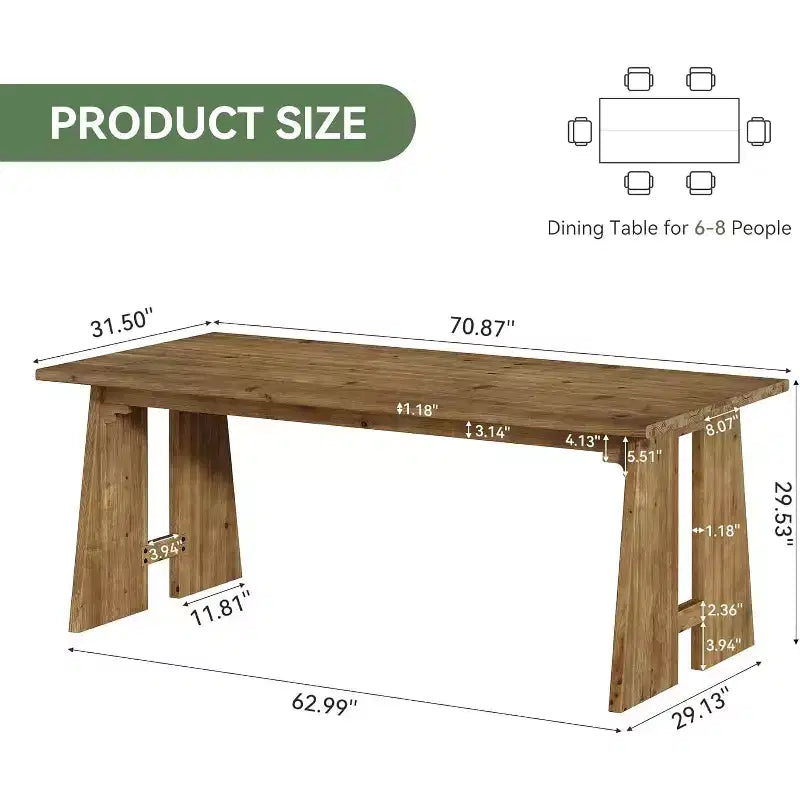 Table de salle à manger Lantine 70.87, Table de cuisine en bois massif pour 6-8 personnes, Meuble de cuisine et de salle à manger rectangulaire moderne avec pieds robustes, Marron bois