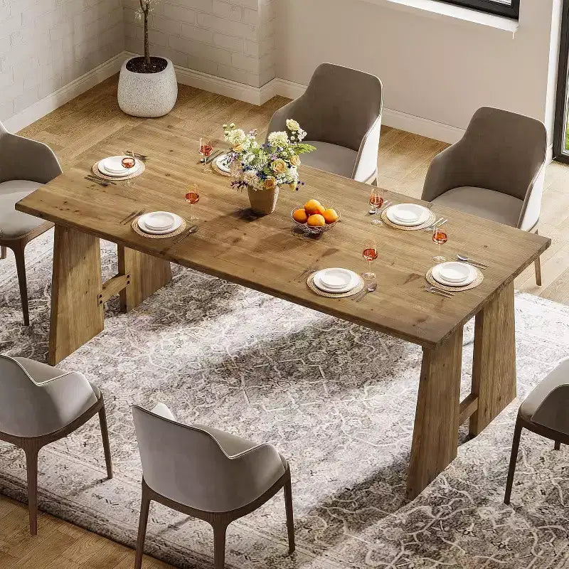 Table de salle à manger Lantine 70.87, Table de cuisine en bois massif pour 6-8 personnes, Meuble de cuisine et de salle à manger rectangulaire moderne avec pieds robustes, Marron bois