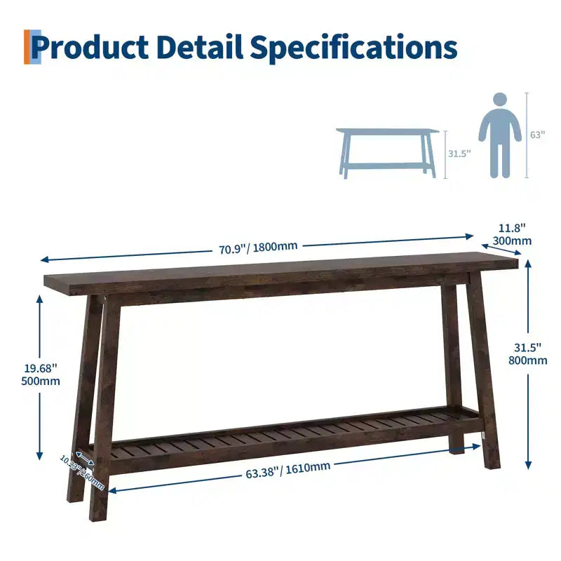 COZONY 71 Console étroite avec rangement, table d'appoint extra longue derrière le canapé, table d'entrée industrielle à 2 niveaux de style ferme