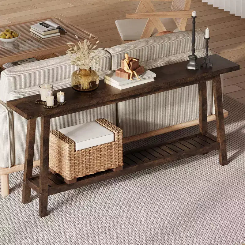 COZONY 71 Console étroite avec rangement, table d'appoint extra longue derrière le canapé, table d'entrée industrielle à 2 niveaux de style ferme