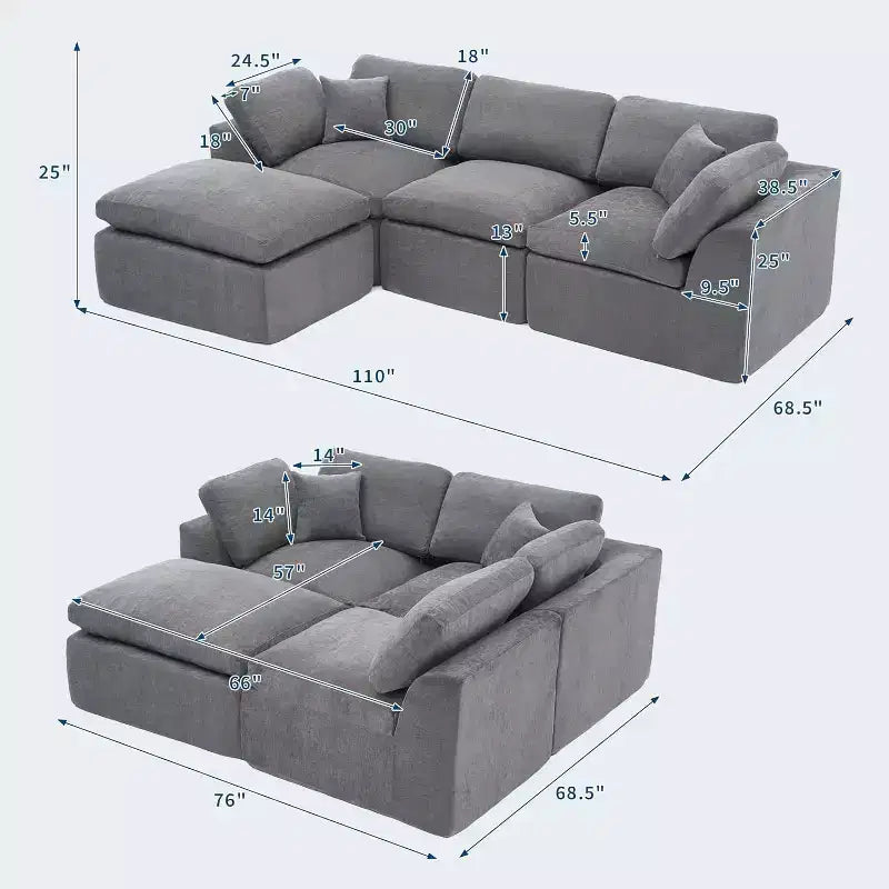 Canapé sectionnel modulaire, canapé 110 compression éponge avec assise profonde, canapés modulaires pour salon et chambre, aucun assemblage requis