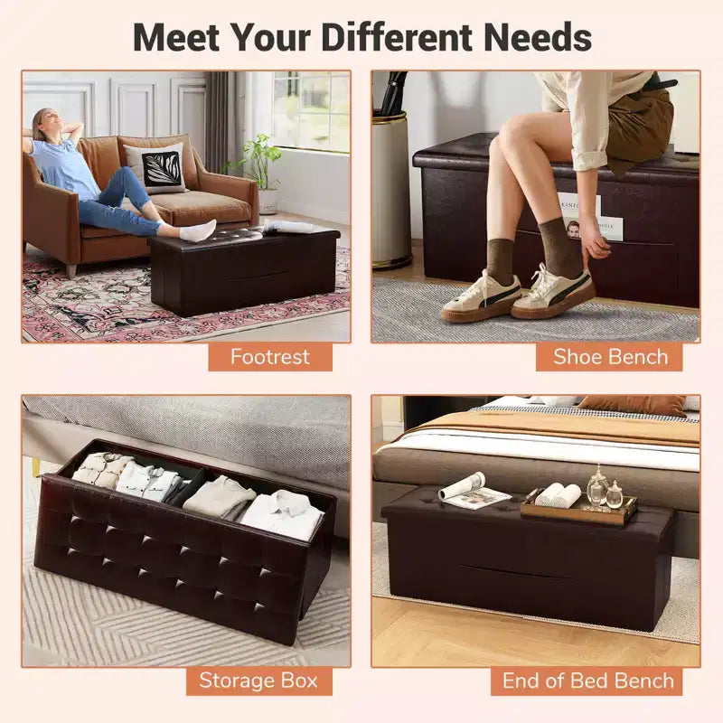 Banc de rangement pliant Costway 43 pouces avec poche latérale Coffre de rangement Marron/Gris/Gris foncé/Noir/Blanc