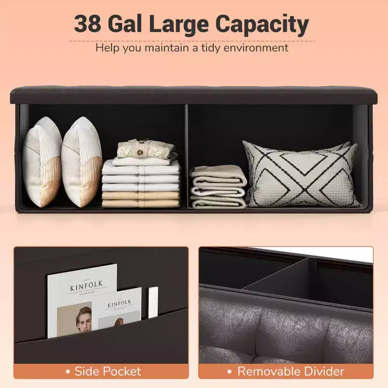 Banc de rangement pliant Costway 43 pouces avec poche latérale Coffre de rangement Marron/Gris/Gris foncé/Noir/Blanc