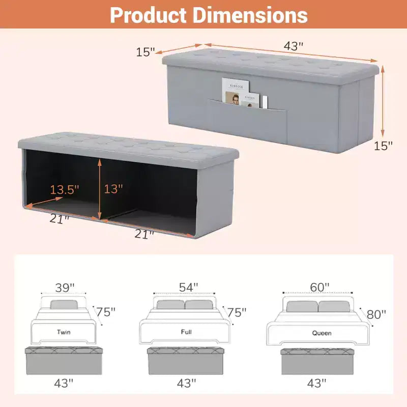 Banc de rangement pliant Costway 43 pouces avec poche latérale Coffre de rangement Marron/Gris/Gris foncé/Noir/Blanc