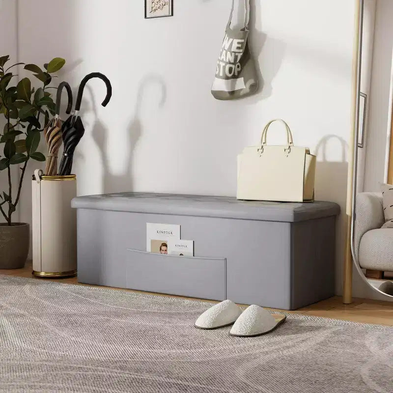 Banc de rangement pliant Costway 43 pouces avec poche latérale Coffre de rangement Marron/Gris/Gris foncé/Noir/Blanc