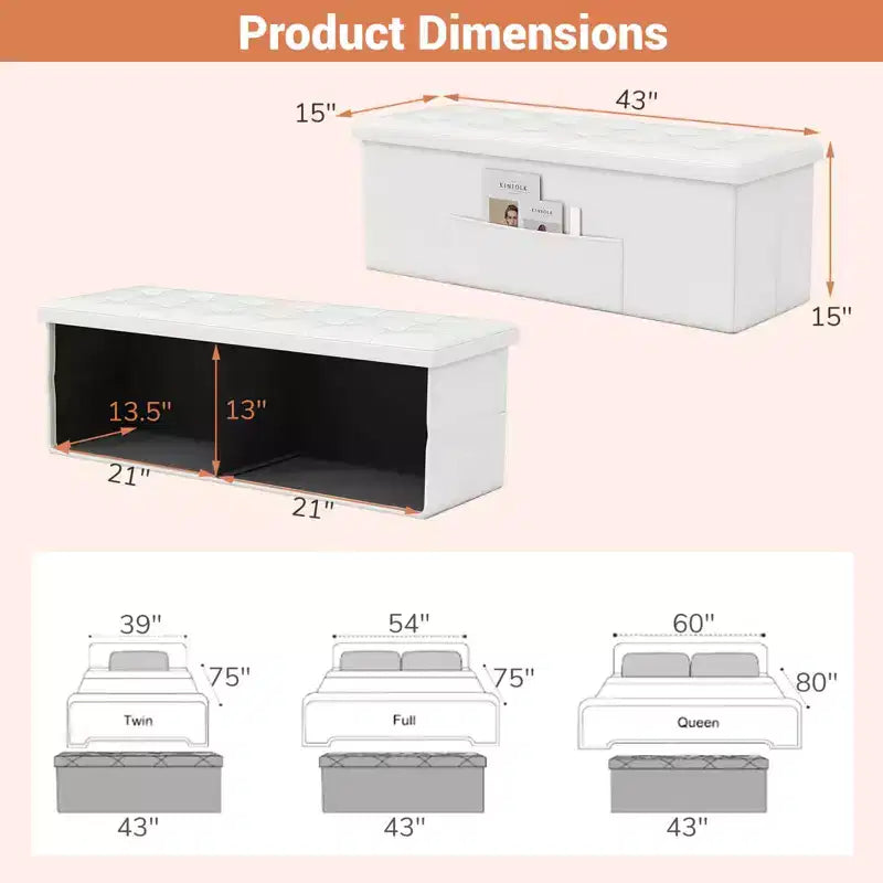 Banc de rangement pliant Costway 43 pouces avec poche latérale Coffre de rangement Marron/Gris/Gris foncé/Noir/Blanc