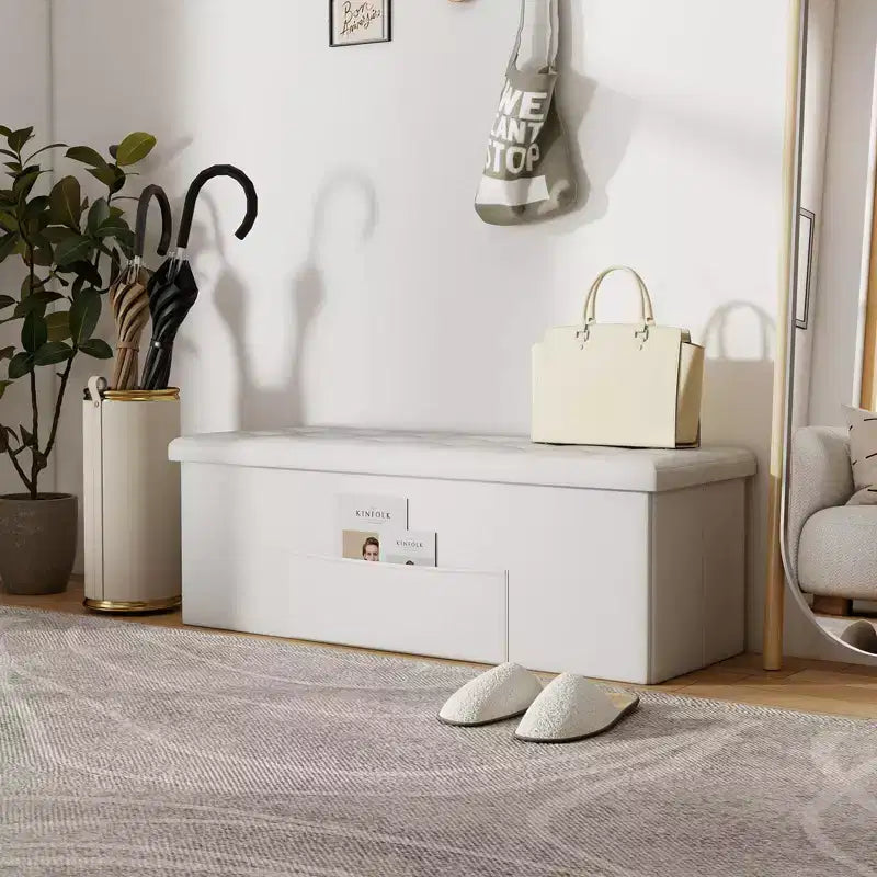 Banc de rangement pliant Costway 43 pouces avec poche latérale Coffre de rangement Marron/Gris/Gris foncé/Noir/Blanc