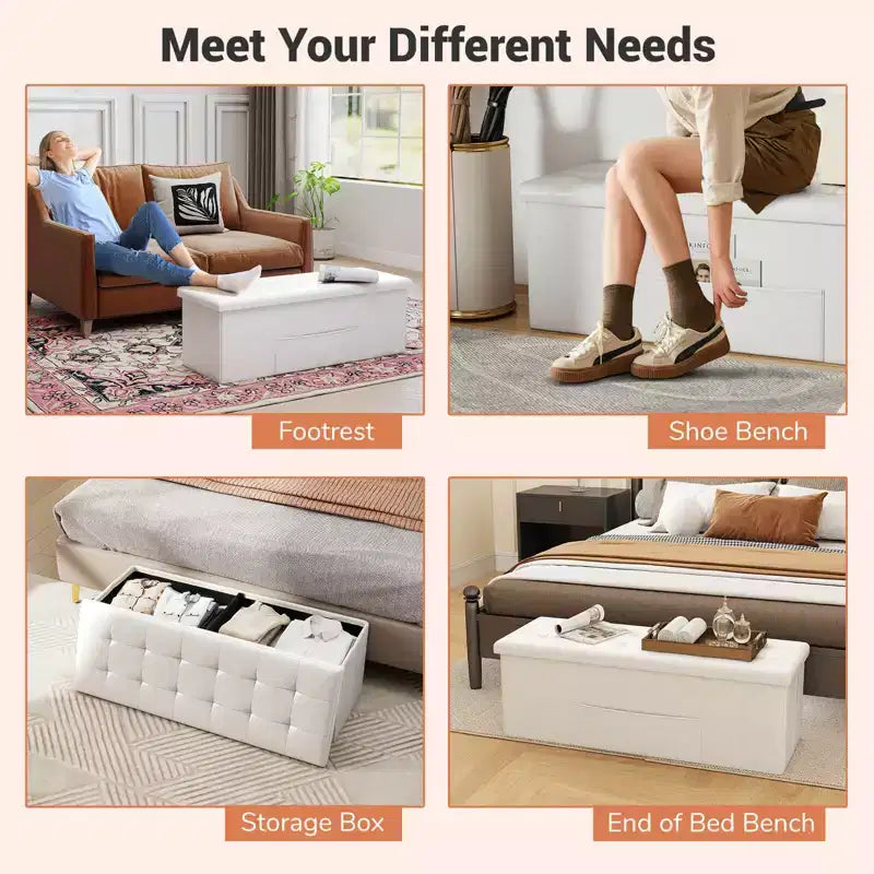 Banc de rangement pliant Costway 43 pouces avec poche latérale Coffre de rangement Marron/Gris/Gris foncé/Noir/Blanc