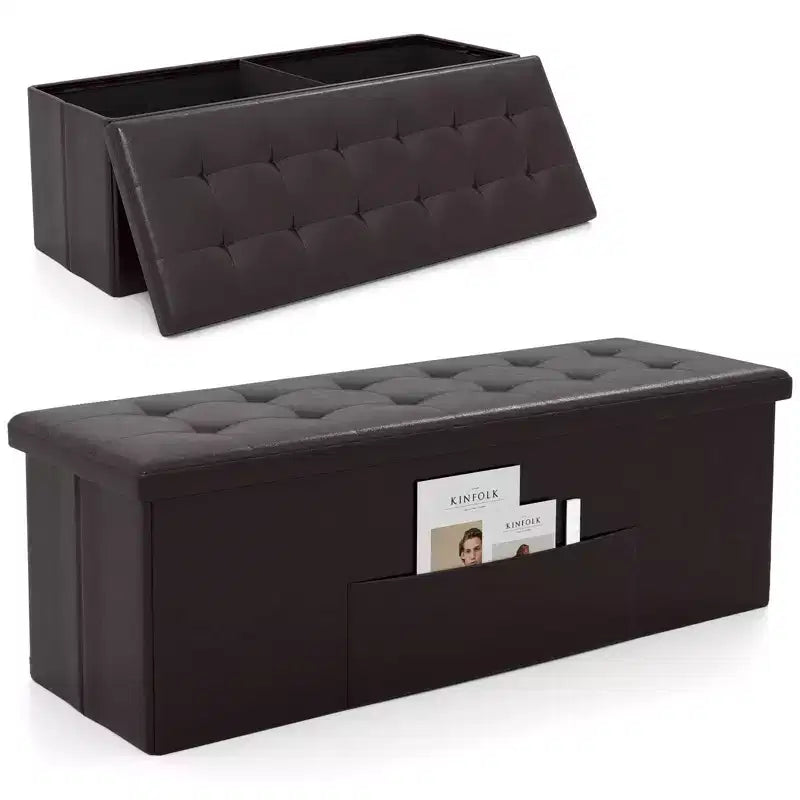 Banc de rangement pliant Costway 43 pouces avec poche latérale Coffre de rangement Marron/Gris/Gris foncé/Noir/Blanc