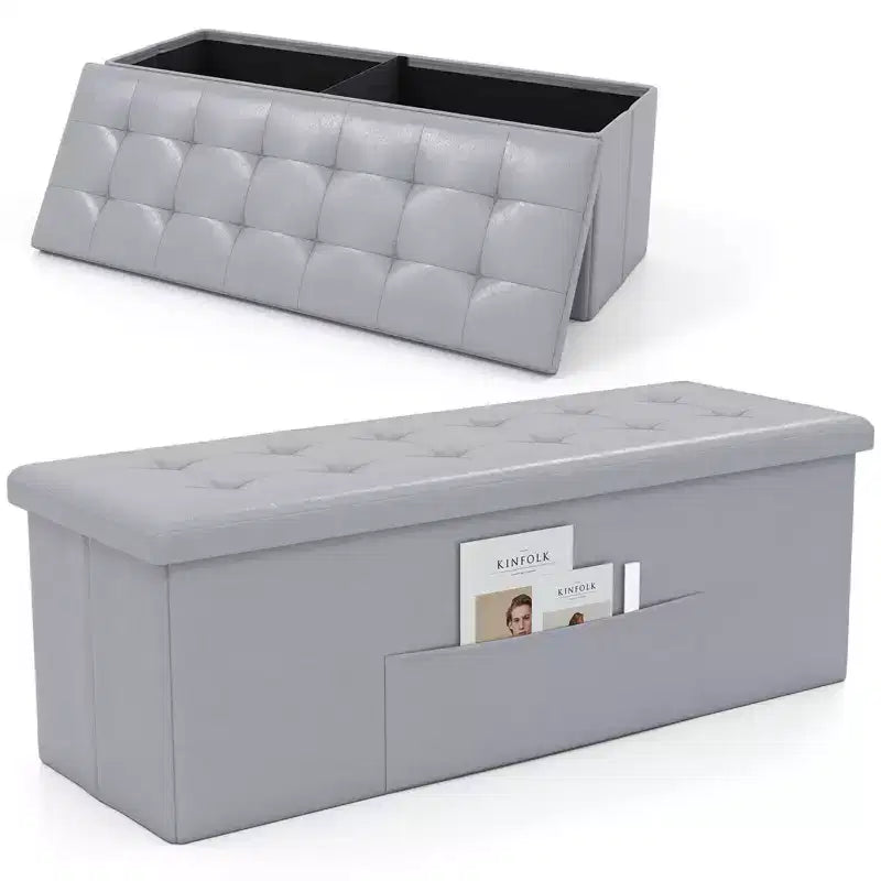 Banc de rangement pliant Costway 43 pouces avec poche latérale Coffre de rangement Marron/Gris/Gris foncé/Noir/Blanc