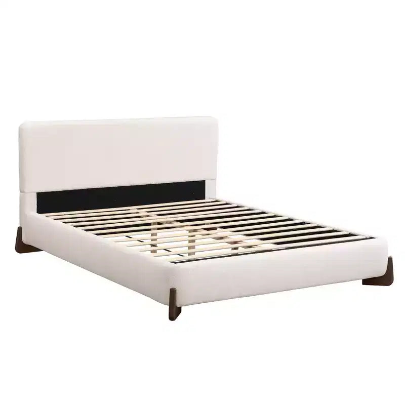 Lit Queen Size Rembourré en Tissu Éponge, Pieds en Bois Massif et Cadre Capitonnage, Blanc