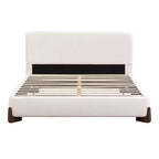 Lit Queen Size Rembourré en Tissu Éponge, Pieds en Bois Massif et Cadre Capitonnage, Blanc