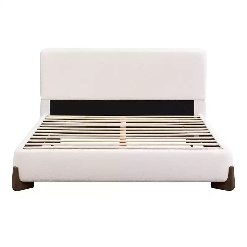 Lit Queen Size Rembourré en Tissu Éponge, Pieds en Bois Massif et Cadre Capitonnage, Blanc