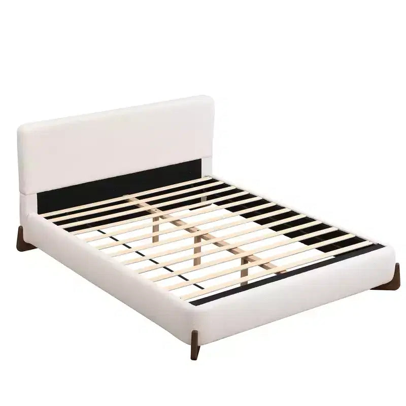 Lit Queen Size Rembourré en Tissu Éponge, Pieds en Bois Massif et Cadre Capitonnage, Blanc