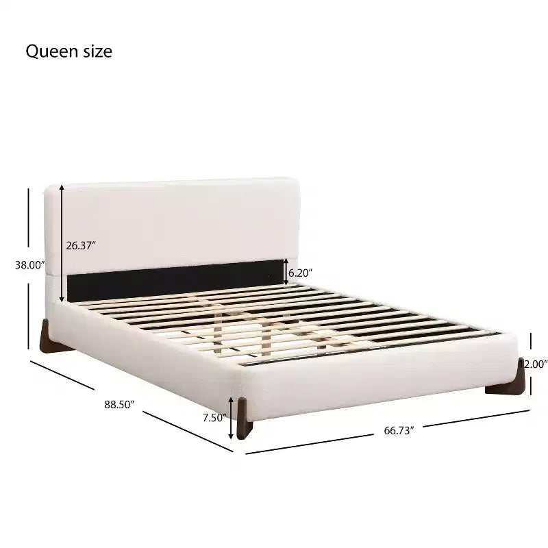 Lit Queen Size Rembourré en Tissu Éponge, Pieds en Bois Massif et Cadre Capitonnage, Blanc