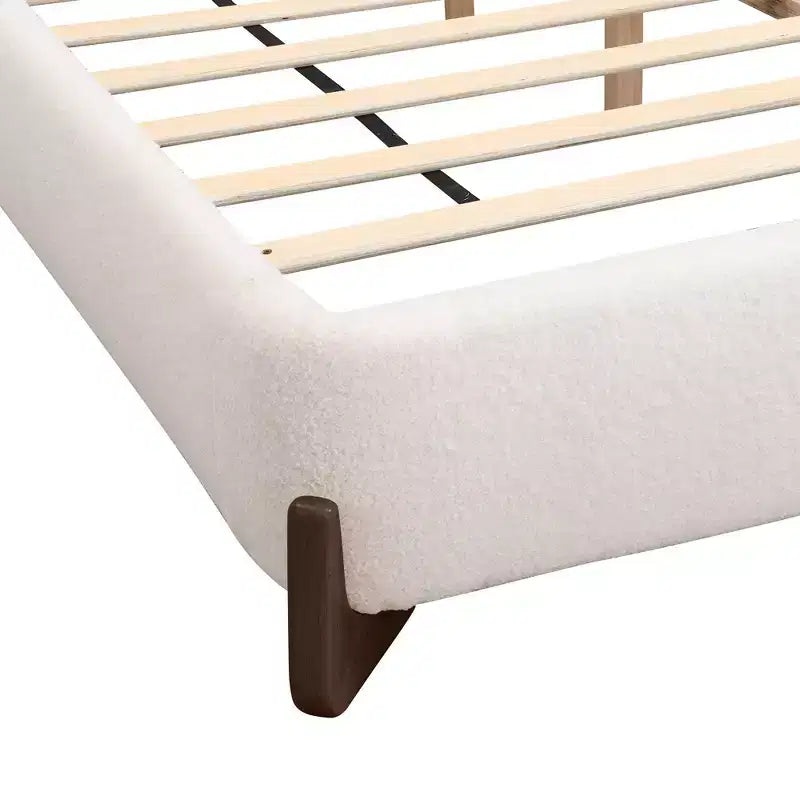 Lit Queen Size Rembourré en Tissu Éponge, Pieds en Bois Massif et Cadre Capitonnage, Blanc