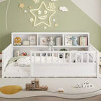 Twin Size Floor Bed with Fence Guardrail and Side Storage, Wooden Kids Montessori Bed, White