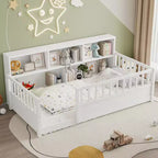 Lit de sol une place avec barrière de sécurité et rangement latéral, lit Montessori en bois pour enfants, Blanc