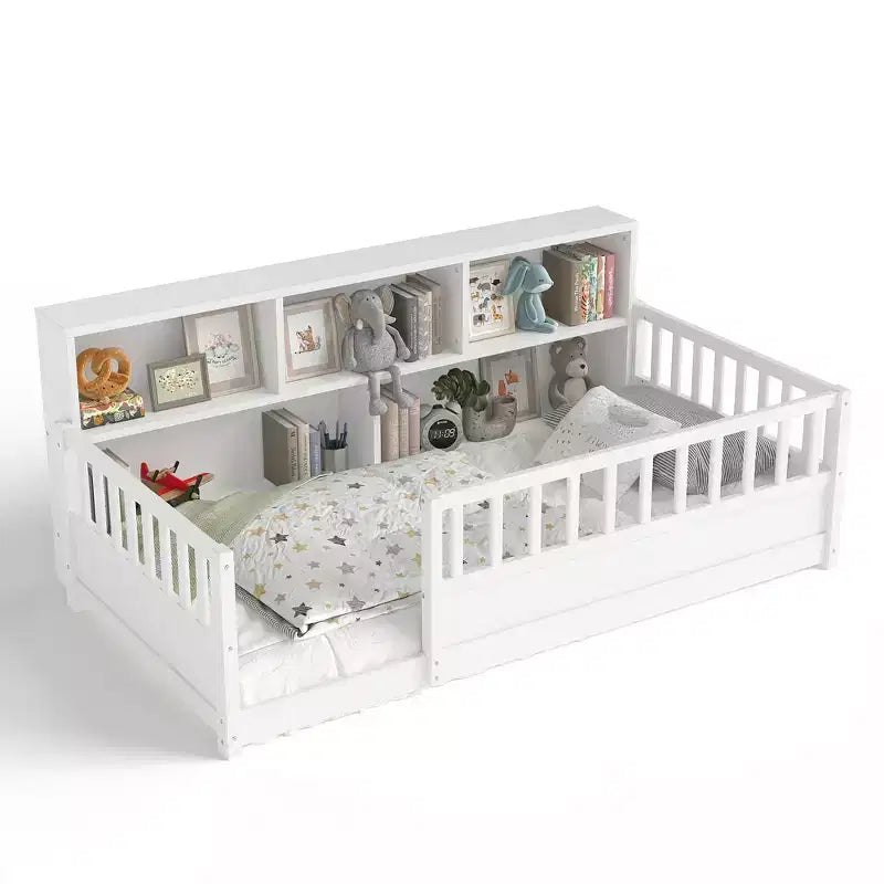 Lit de sol une place avec barrière de sécurité et rangement latéral, lit Montessori en bois pour enfants, Blanc