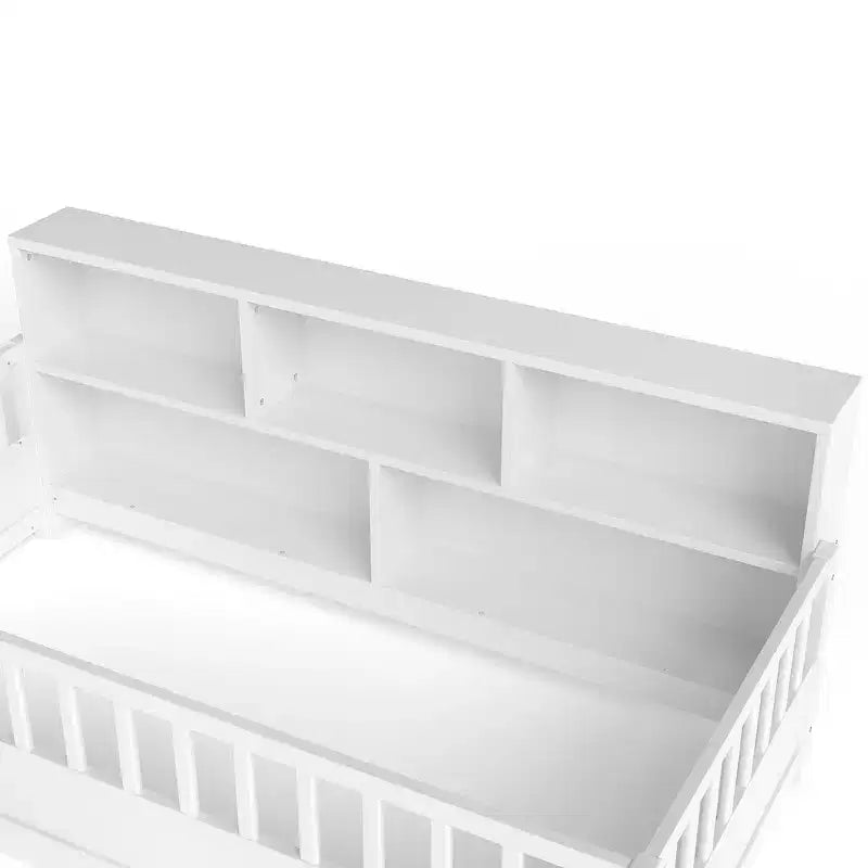 Lit de sol une place avec barrière de sécurité et rangement latéral, lit Montessori en bois pour enfants, Blanc