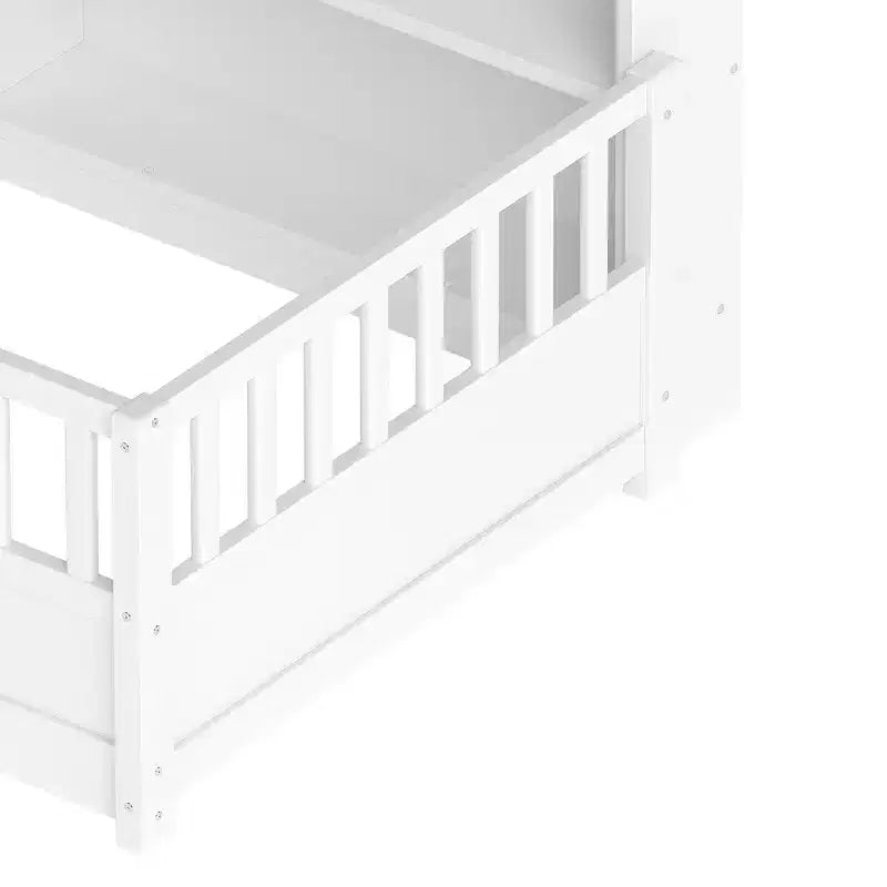 Lit de sol une place avec barrière de sécurité et rangement latéral, lit Montessori en bois pour enfants, Blanc