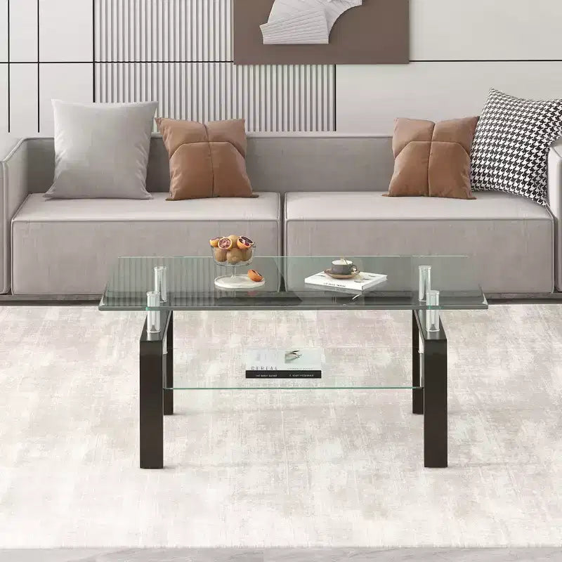 Table basse en verre trempé transparent, table basse moderne à 2 niveaux pour salon
