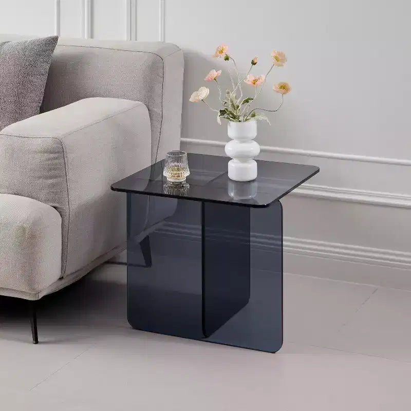 Table de chevet en verre fumé trempé, table d'appoint grise moderne pour chambre à coucher et salon