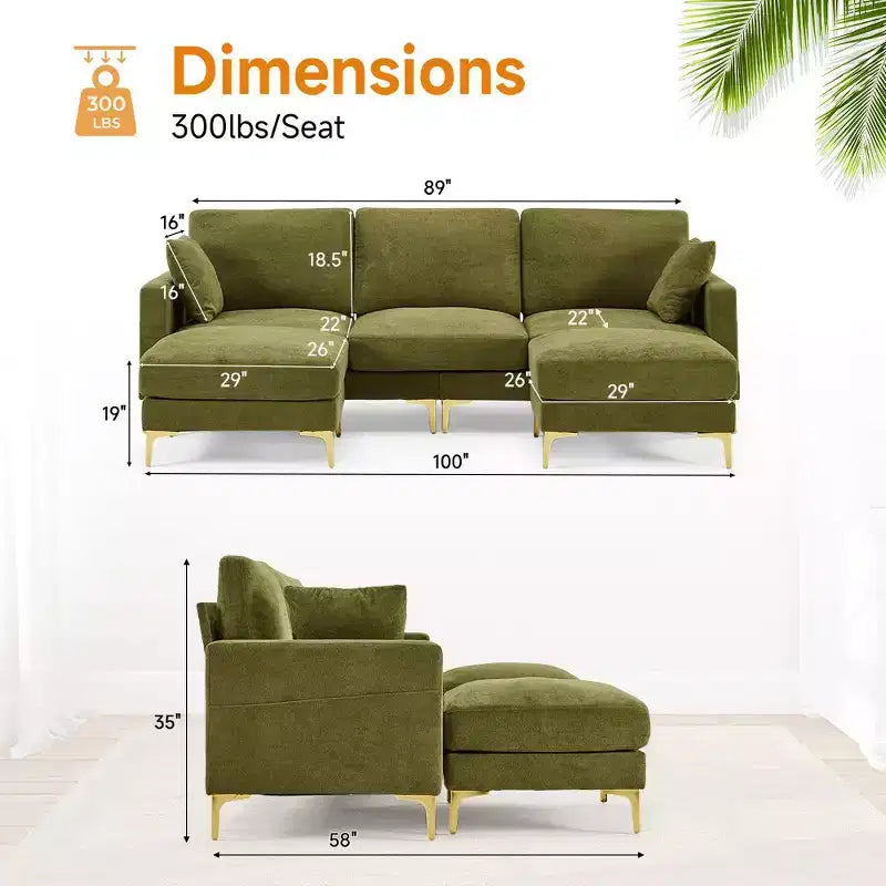 Karl Home | Canapé moderne en chenille en U gris de 254 cm de largeur avec accoudoir carré et rangement latéral