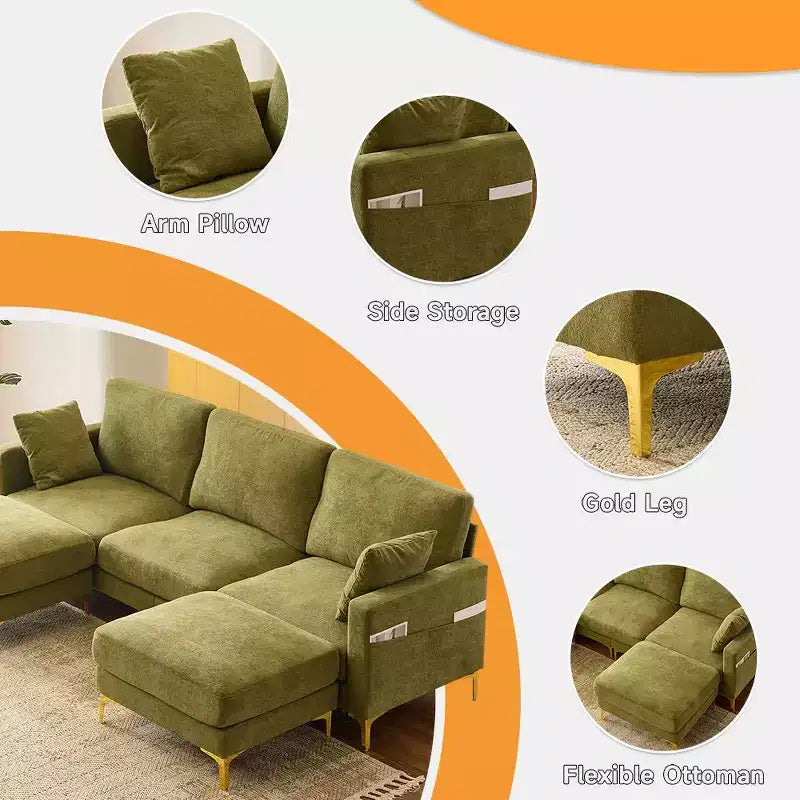 Karl Home | Canapé moderne en chenille en U gris de 254 cm de largeur avec accoudoir carré et rangement latéral