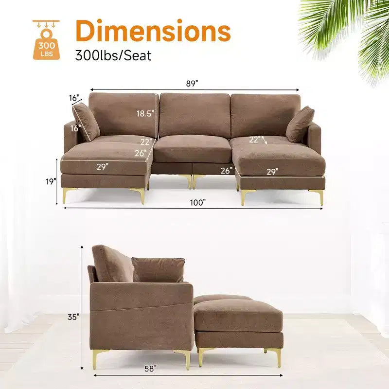 Karl Home | Canapé moderne en chenille en U gris de 254 cm de largeur avec accoudoir carré et rangement latéral