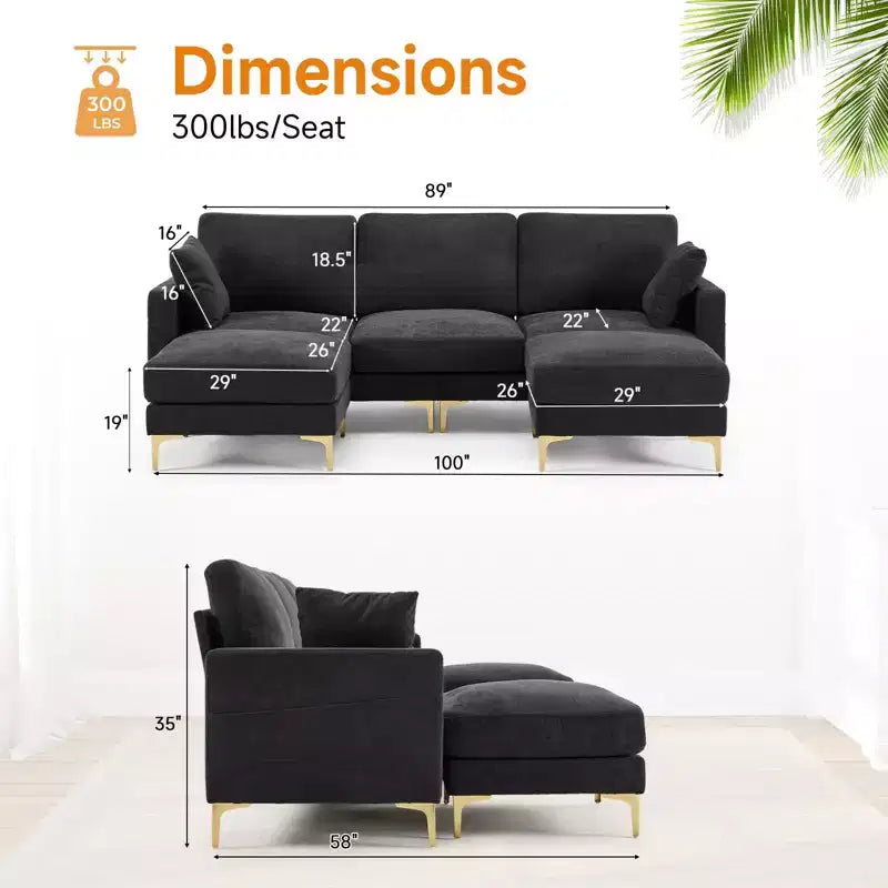 Karl Home | Canapé moderne en chenille en U gris de 254 cm de largeur avec accoudoir carré et rangement latéral