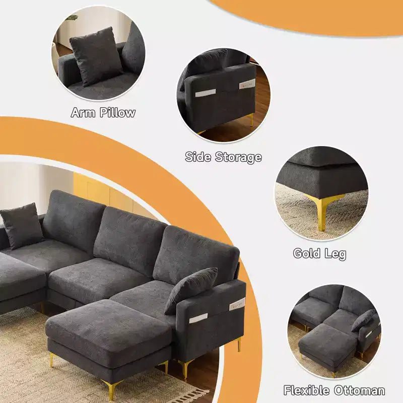 Karl Home | Canapé moderne en chenille en U gris de 254 cm de largeur avec accoudoir carré et rangement latéral
